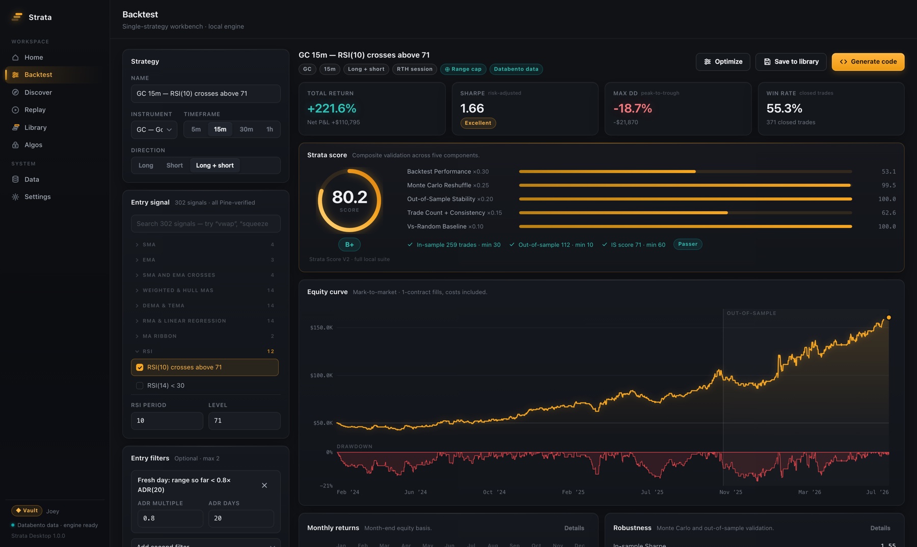 Strata Desktop — a discovered passer graded B+ with the Strata Score, equity curve, and validation suite